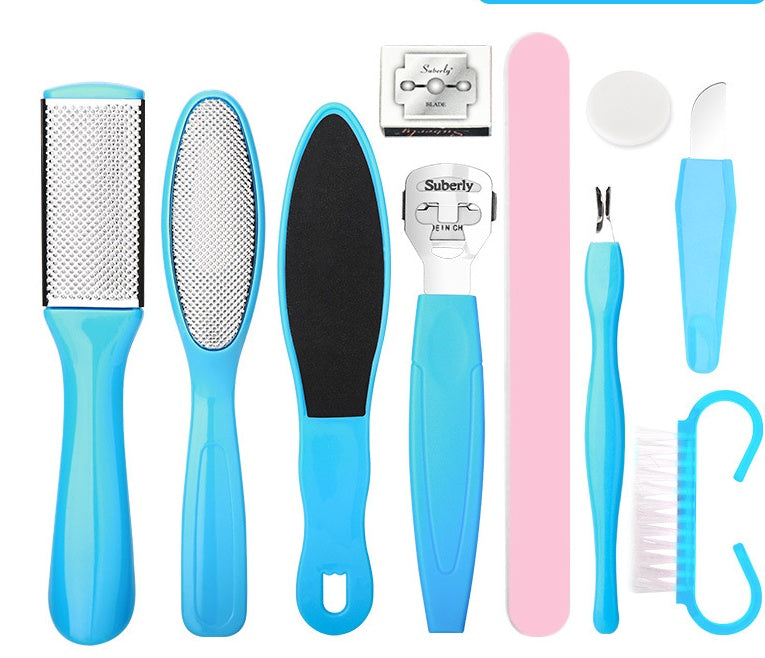 Set of foot care tools including a file, scrubber, and other instruments on a white background.