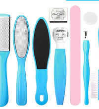 Set of foot care tools including a file, scrubber, and other instruments on a white background.