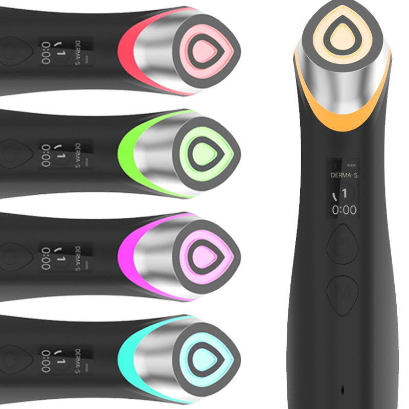 Handheld ultrasonic facial device showing different colored light accents including red, green, and blue.