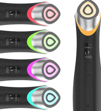 Handheld ultrasonic facial device showing different colored light accents including red, green, and blue.