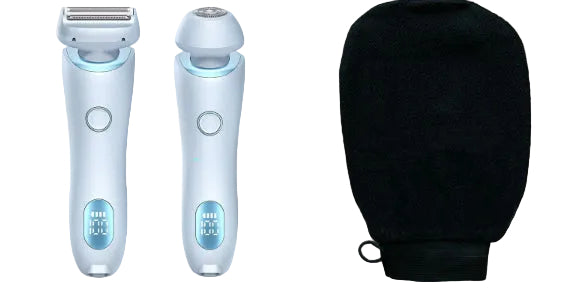 Full product set including the electric shaver, exfoliating glove, and premium travel pouch.