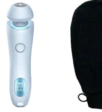 Full product set including the electric shaver, exfoliating glove, and premium travel pouch.